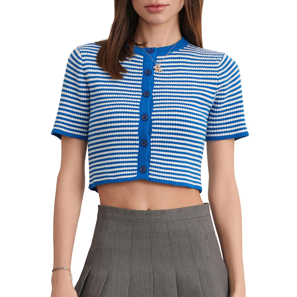 Women's Striped Crop Tops Short Sleeve Crew Neck Button Down Cardigan