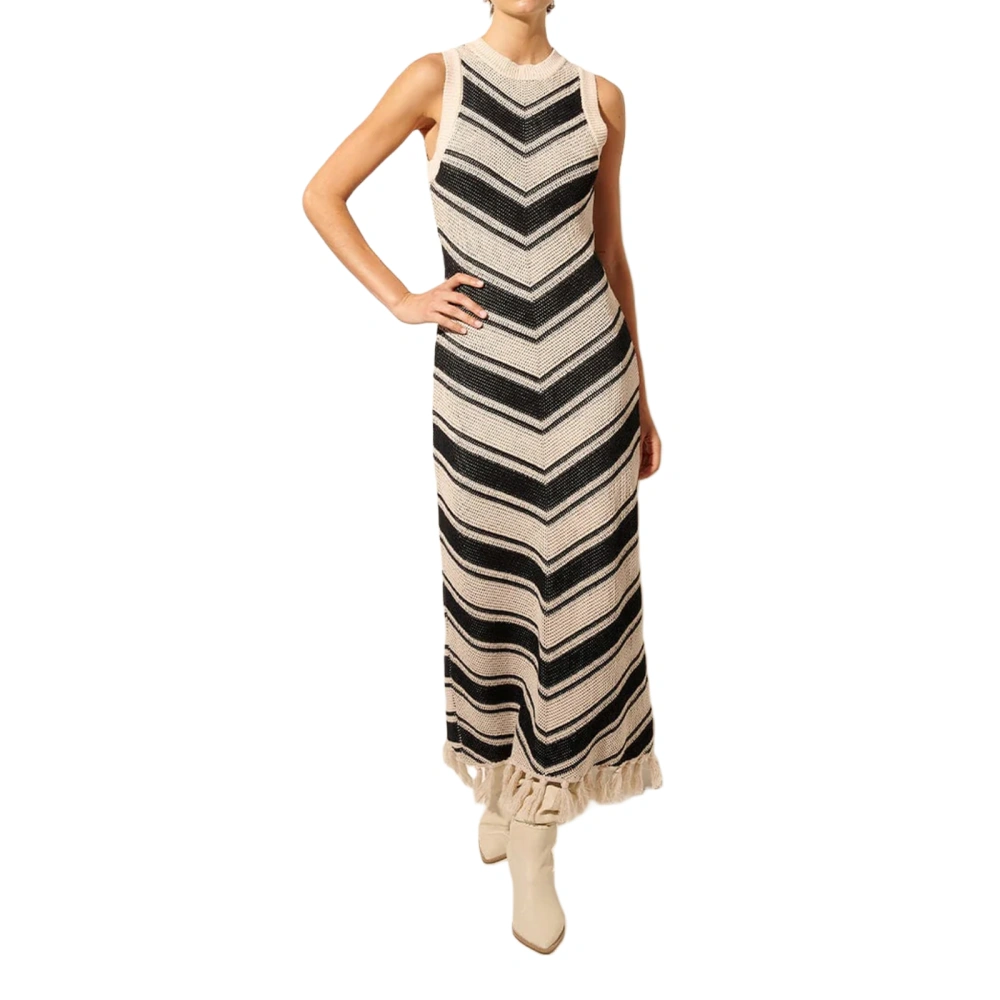 Women’s Long Beach Dress Sleeveless Crew Neck Wavy Stripes Print Dress