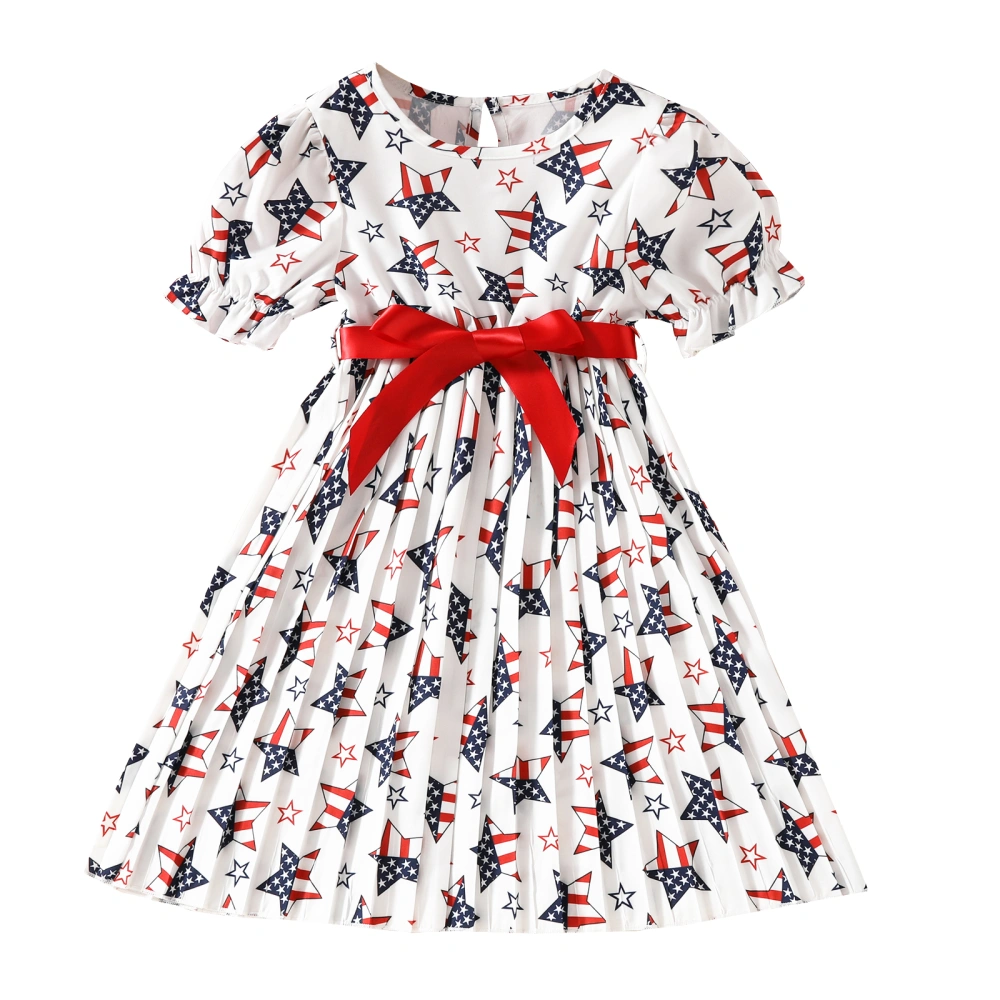 Baby Girl Summer Dress Short Puff Sleeve Star Print Pleated Dress