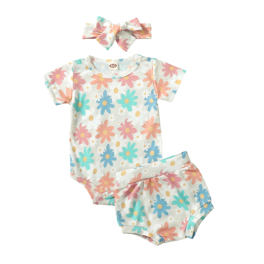 Baby Shorts Sets Short Sleeve Floral Print Romper Shorts Headband Sets