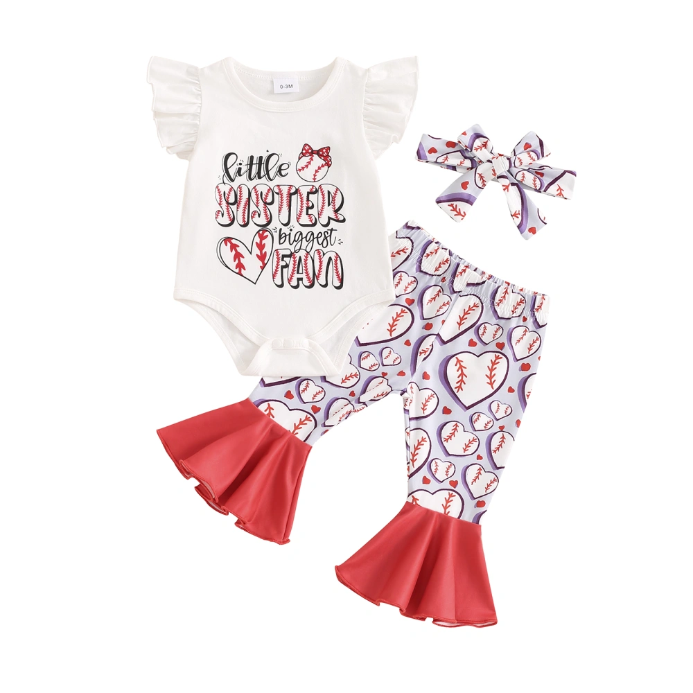 Girls Summer Outfits Baseball Print Romper and Flared Pants Headband