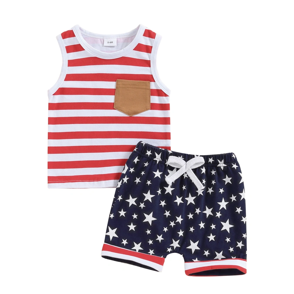 Boy 4th of July Outfit Stripe Pocket Round Neck Tank Tops Star Shorts