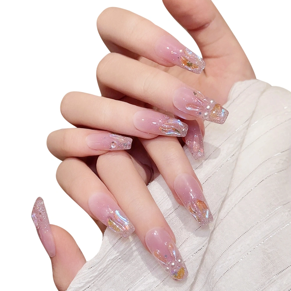 Shiny Sequins Rhinestone Nails Set Natural Elegant False Coffin Nail 