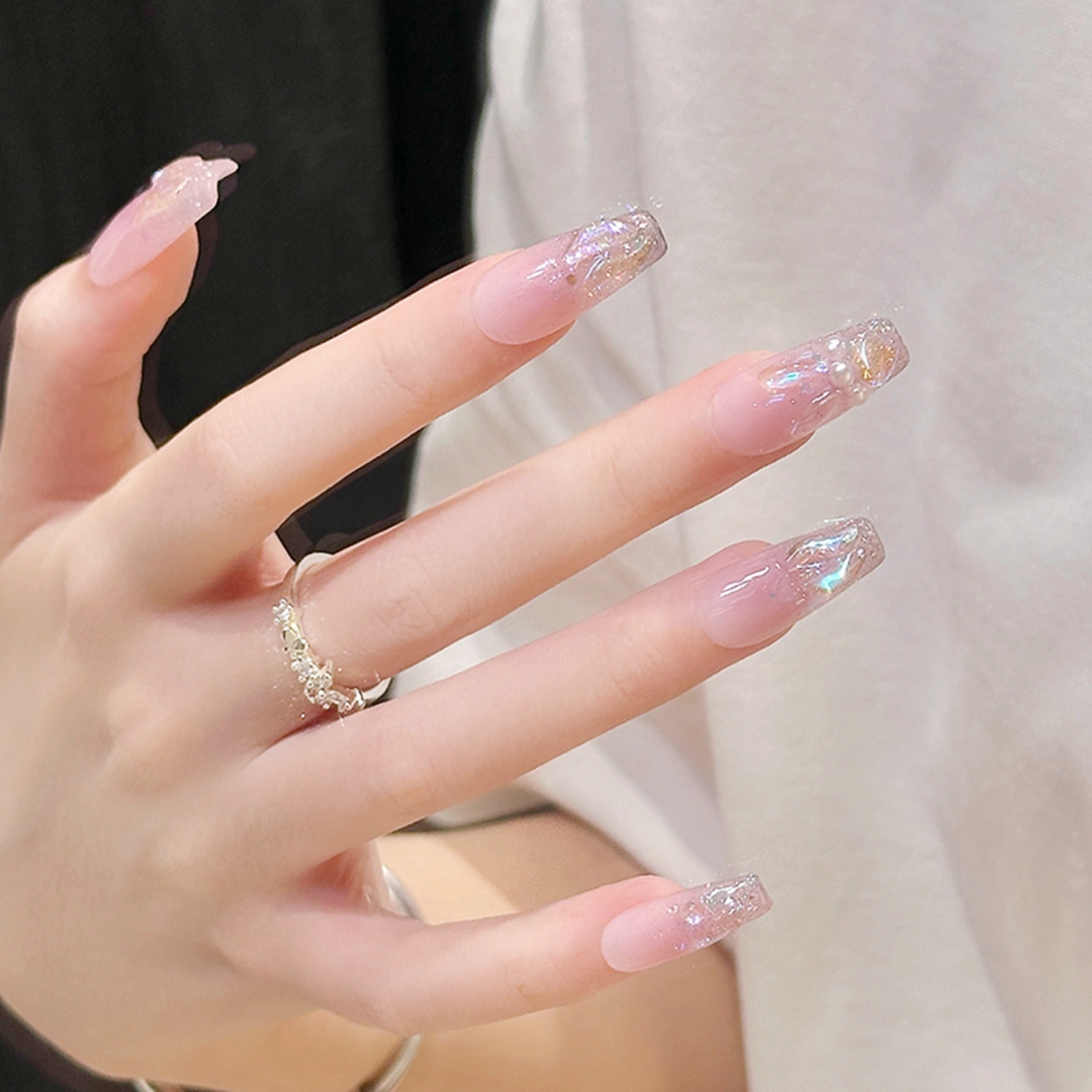 Shiny Sequins Rhinestone Nails Set Natural Elegant False Coffin Nail 