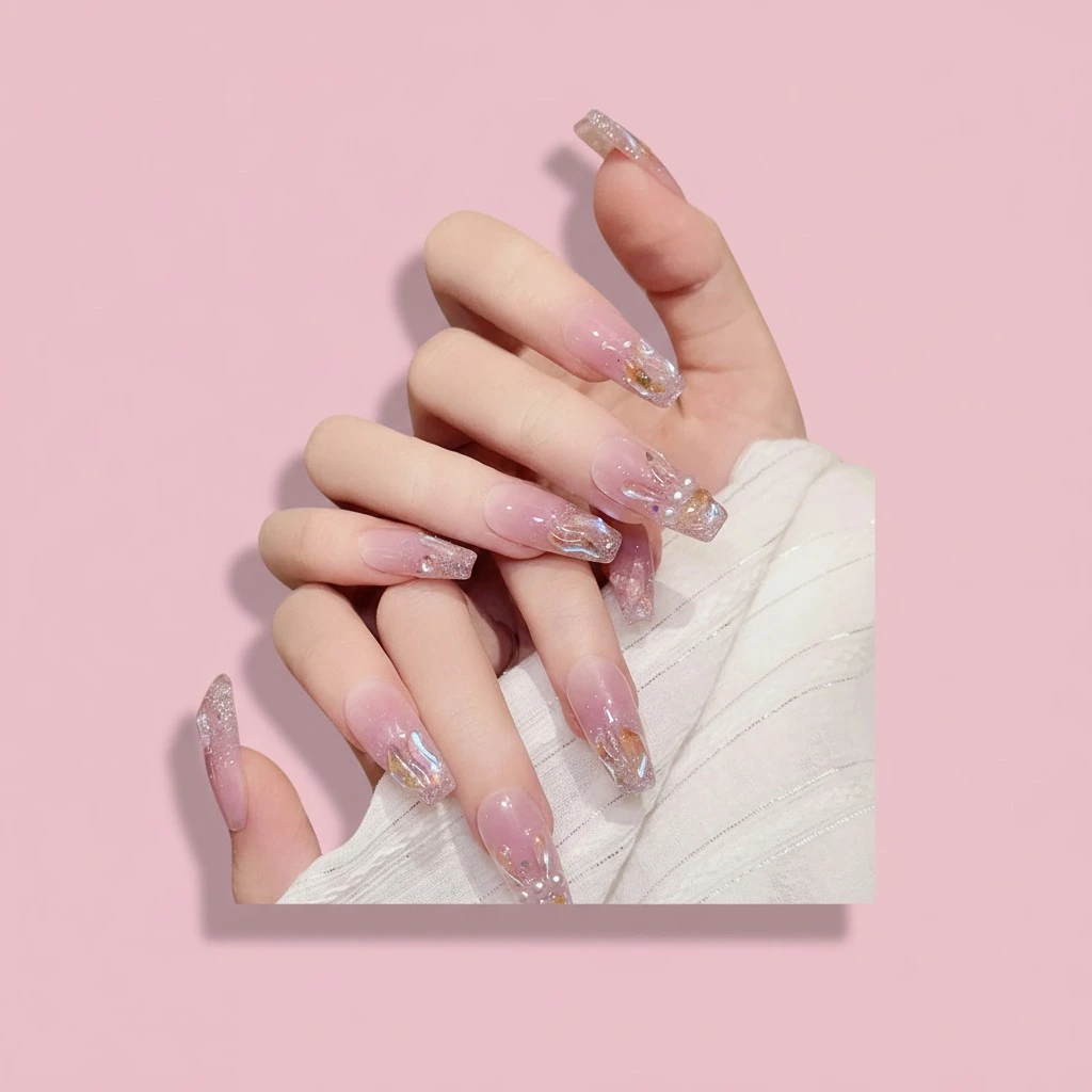 Shiny Sequins Rhinestone Nails Set Natural Elegant False Coffin Nail 