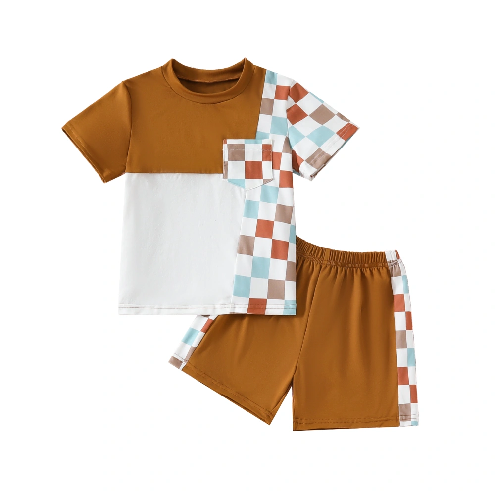 Little Boy Set, Checkerboard Short Sleeve Tops Elastic Waist Shorts 