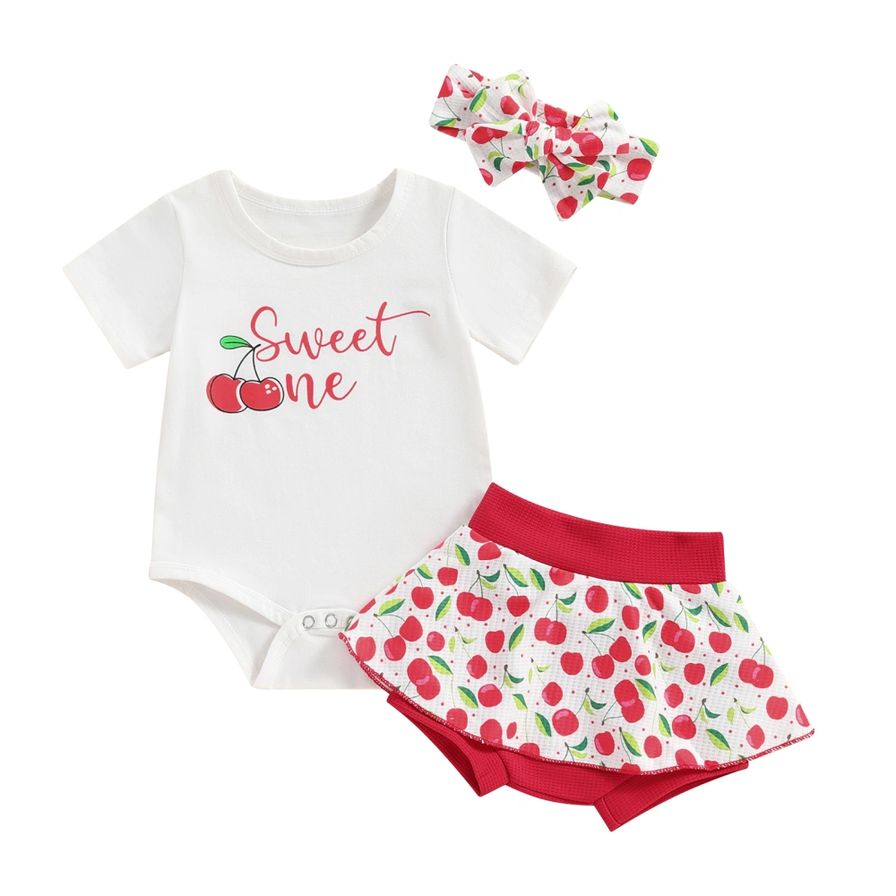 Baby Girls Shorts Set Cherry Print Short Sleeve Romper Shorts Hairband