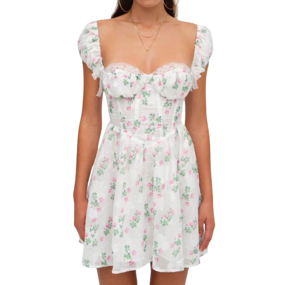 Women Mini Dress Cap Sleeve Low-cut Backless Flower Print A-line Dress