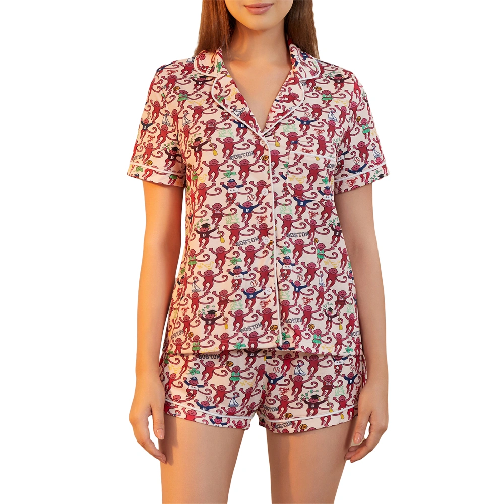 Women Lounge Set Short Sleeve Lapel Tops Monkey Print Shorts