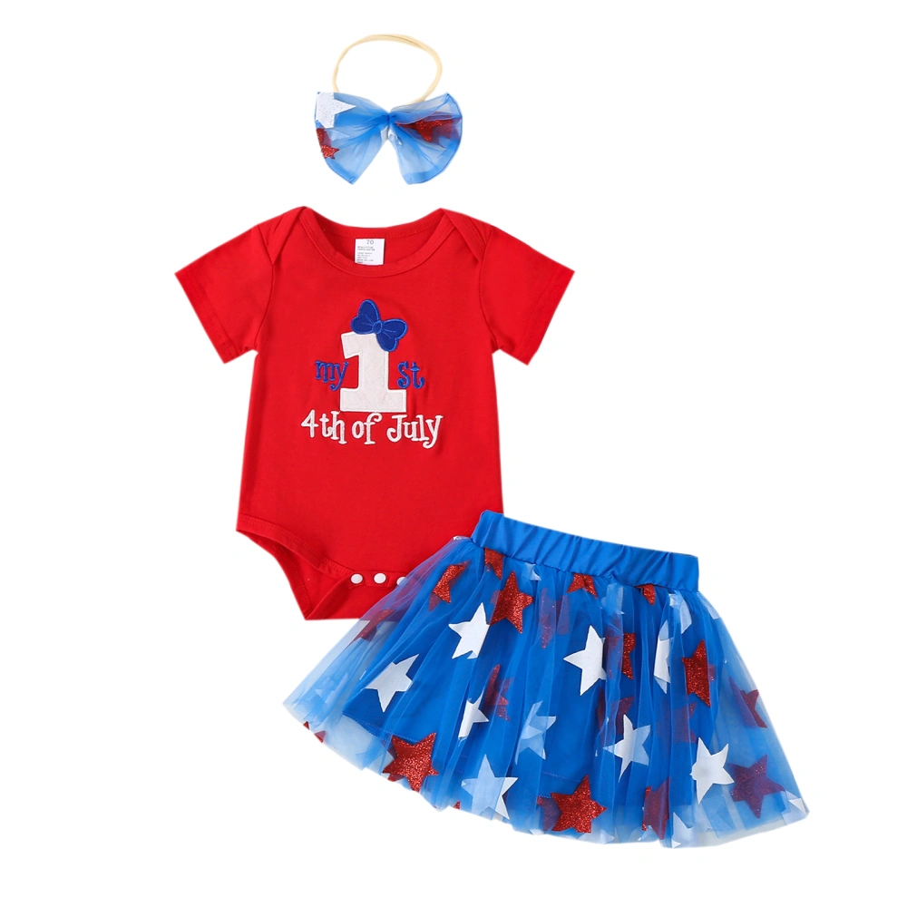 Baby Girl 4th of July Outfit, Letter Embroidery Romper Skirt Headband