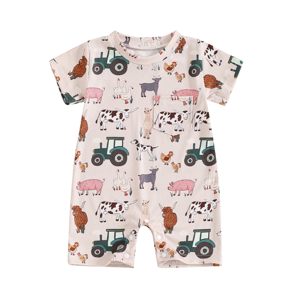 Baby Summer Romper Short Sleeve Animal Tractor Print Jumpsuit