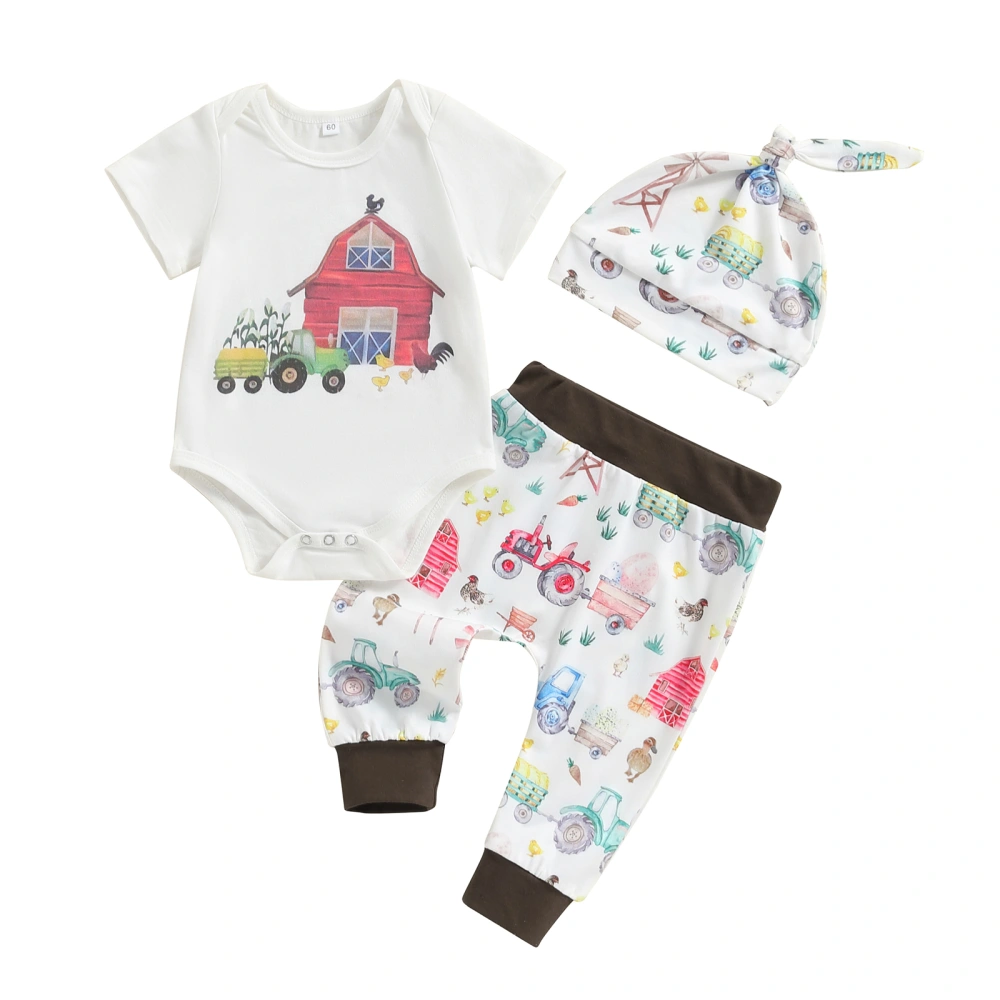 Baby Boys Summer Outfits Short Sleeve Farm Print Romper + Pants + Hat