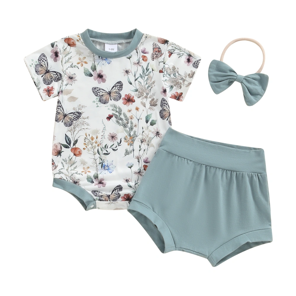 Baby Girls Summer Outfit Butterfly Print Romper + Shorts + Headband