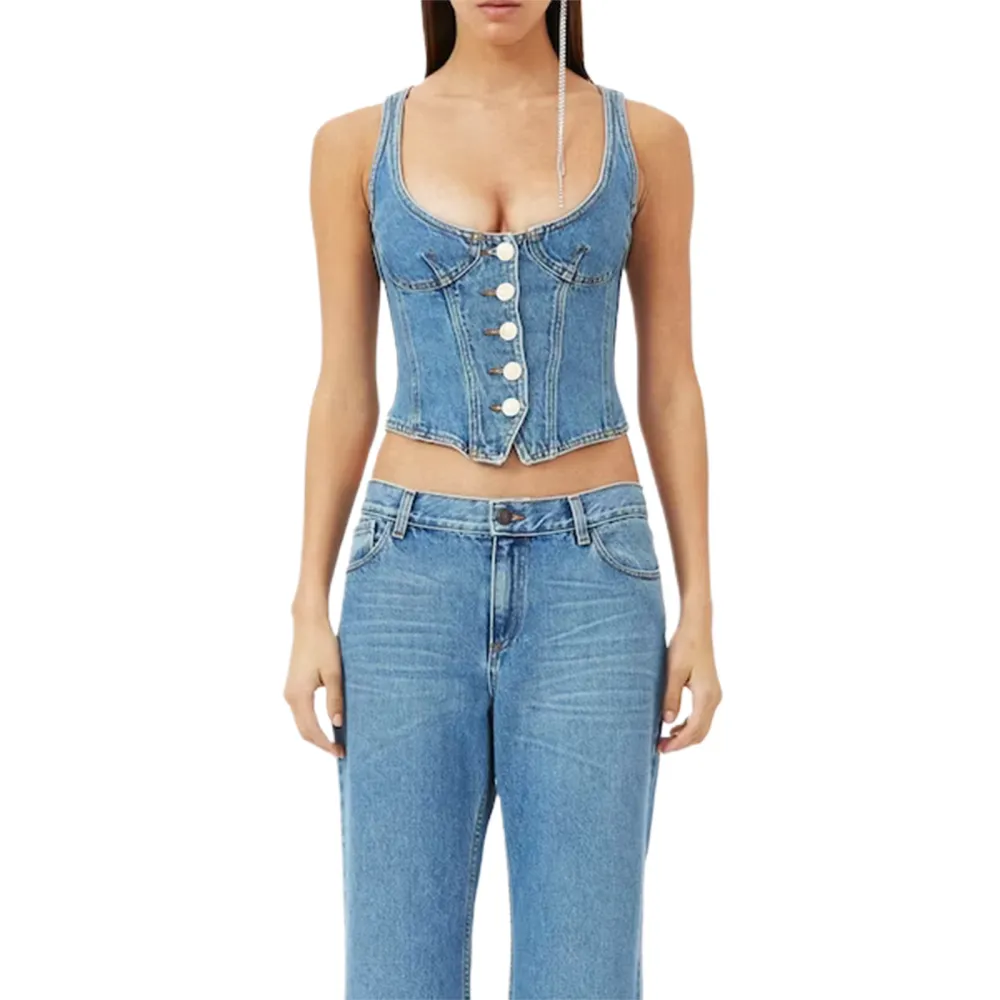 Women Crop Denim Tank Tops Casual Summer Front Button Basic Vest