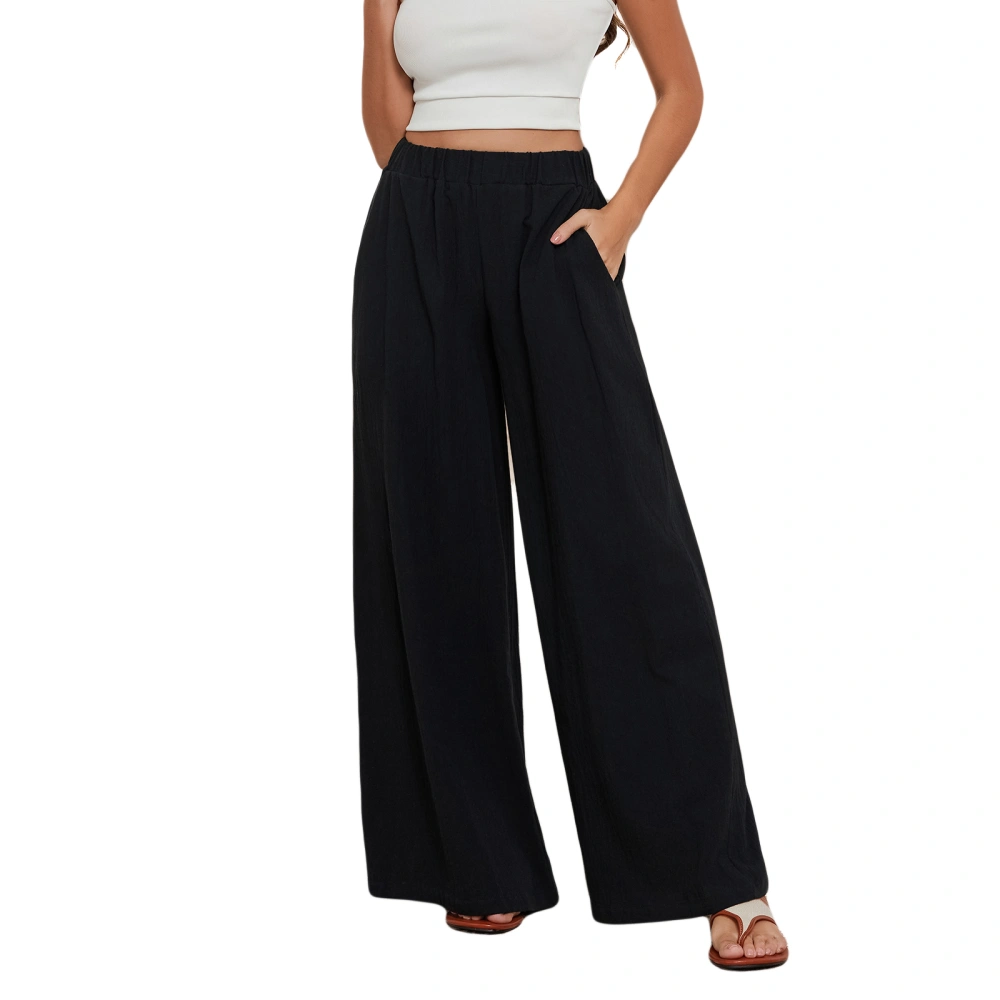 Women Long Pants Casual Loose Elastic Waist Wide Leg Solid Color Pants