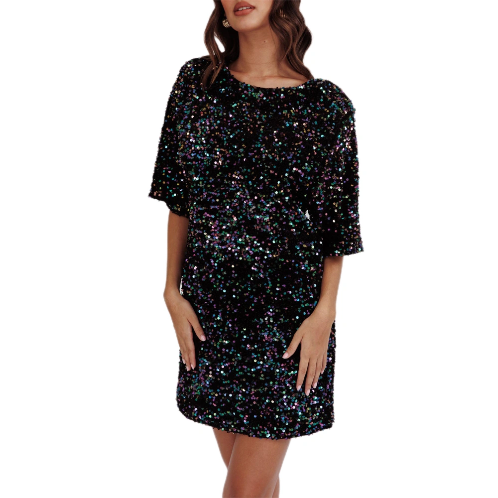 Women Sequin Dress Sparkly Short Sleeve Open Back Mini T-Shirt Dress 