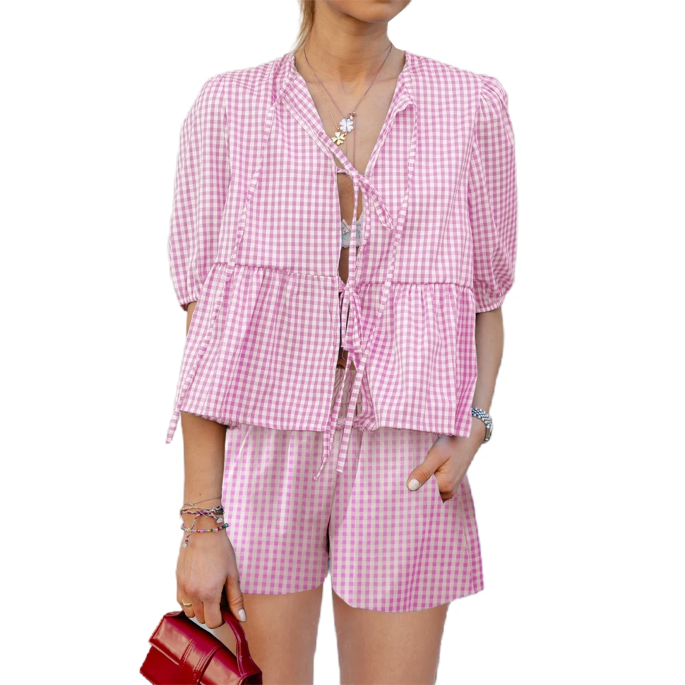 Women Plaid Shorts Set Short Sleeve Tops Elastic Waist Shorts Outfits