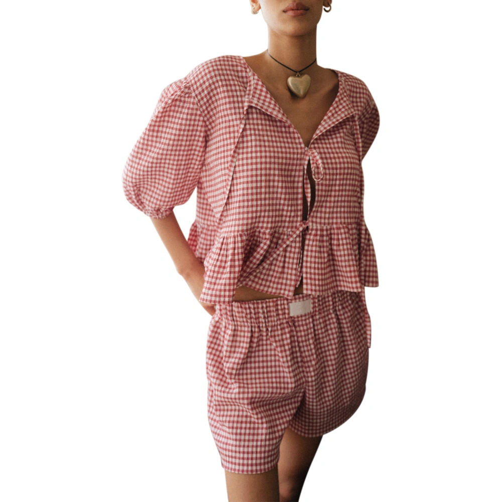 Women’s 2 Piece Pajamas Set Short Puff Sleeve Plaid Shirt + Shorts