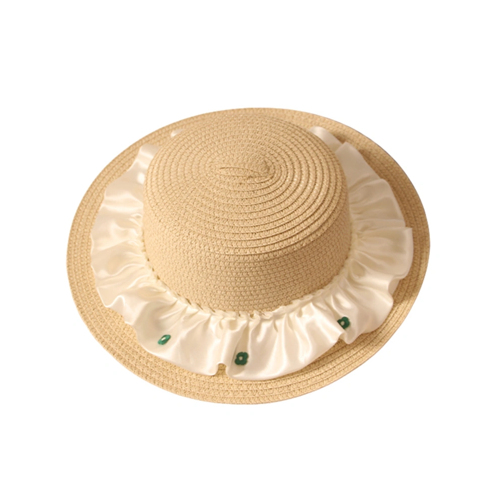 Children Straw Hat Flower Embroidery Ruched Patchwork Sun Cap