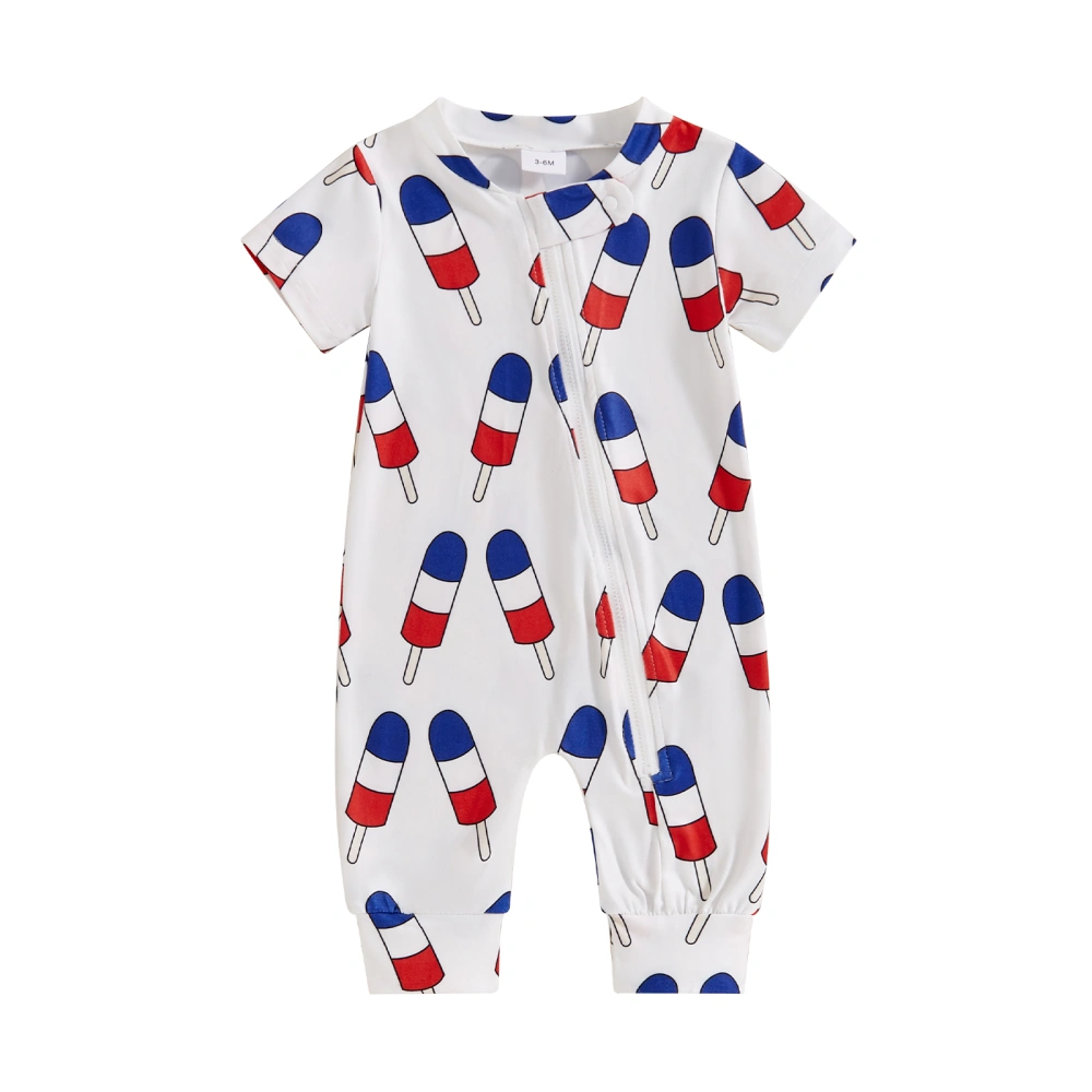 Baby Jumpsuit, Short Sleeve Crew Neck Popsicle Print Zipped Romper