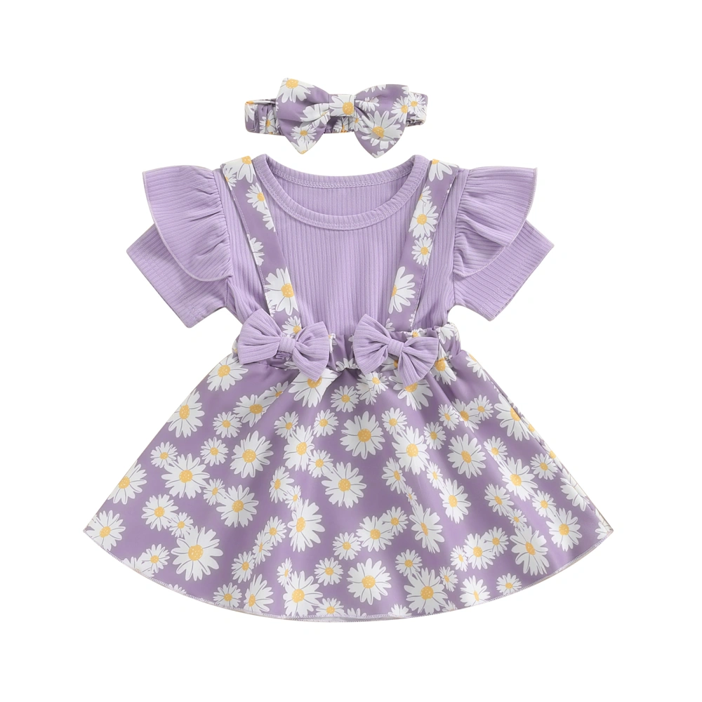 Toddler Girl Dress Set, Short Sleeve Flower Patchwork Dress Headband