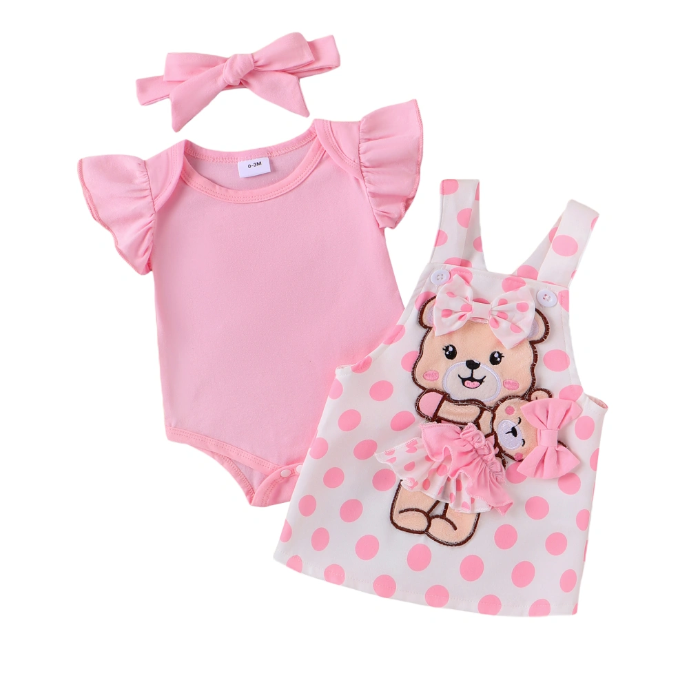 Baby Girls Dress Set, Romper Embroidery Bear Suspender Dress Headband