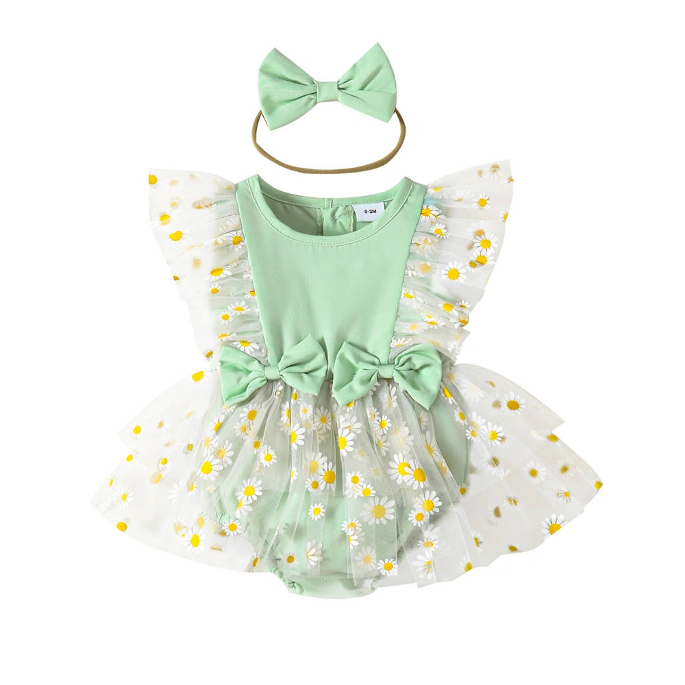 Baby Girl Outfit, Flower Print Fly Sleeve Tulle Romper with Hairband