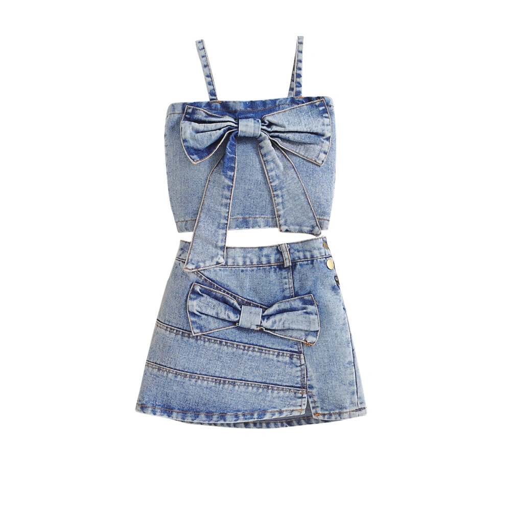  Little Girl Denim Outfit, Bow Spaghetti Strap Tops Split Hem Skirt 