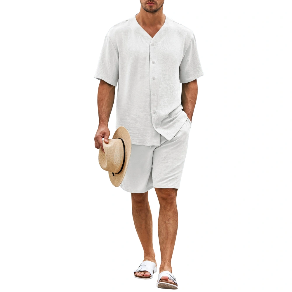 Men Beachwear Sets Short Sleeve Button Up Tops Drawstring Shorts