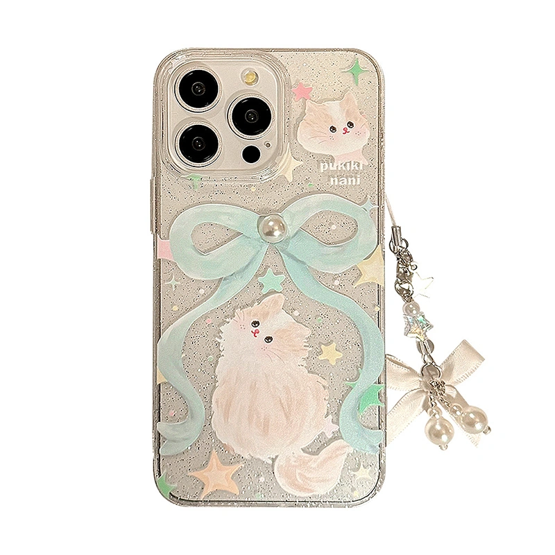 Phone Case Sparkly Cat Bow Print Phone Cover for iPhone 11-15 Series