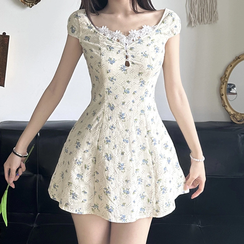 Women Mini Dress Floral Jacquard Hollow-Out Short Sleeve Dress