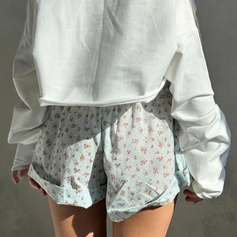 Women Summer Shorts Casual Floral Print Elastic Wide Leg Short Pants 