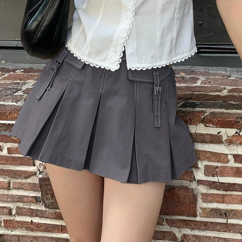 Women's Fashion Mini Skirts Reverse Stitch Buckle Belt Pleated Skirts