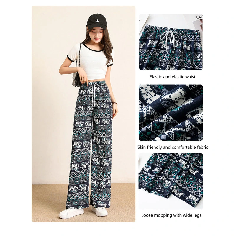 Women Wide Leg Pants Elephant Print Loose Elastic High Waist Trousers