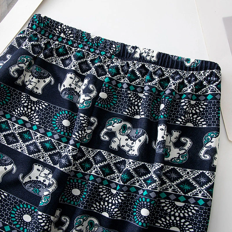 Women Wide Leg Pants Elephant Print Loose Elastic High Waist Trousers
