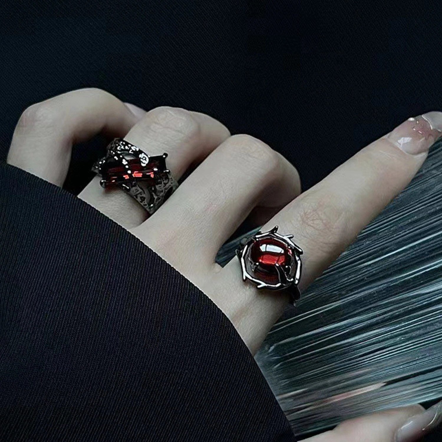 Red Stone Rings for Men Women Gothic Zirconia Rings Adjustable Rings