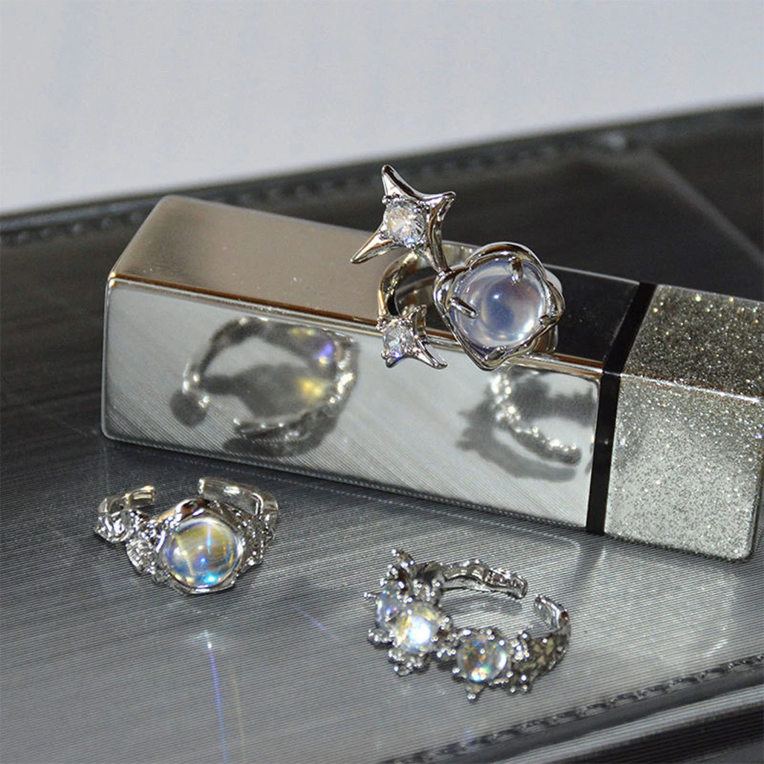 Women Gemstone Ring Adjustable Open Ring Star Rhinestone Ring Jewelry