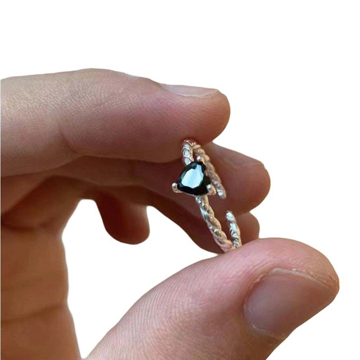 Women Rhinestone Heart Rings Simple Adjustable Twisted Open Ring