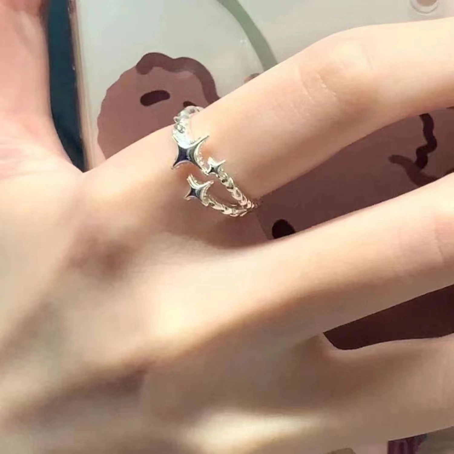 Women Sliver Star Ring Four-Pointed Star Adjustable Open Ring Jewelry