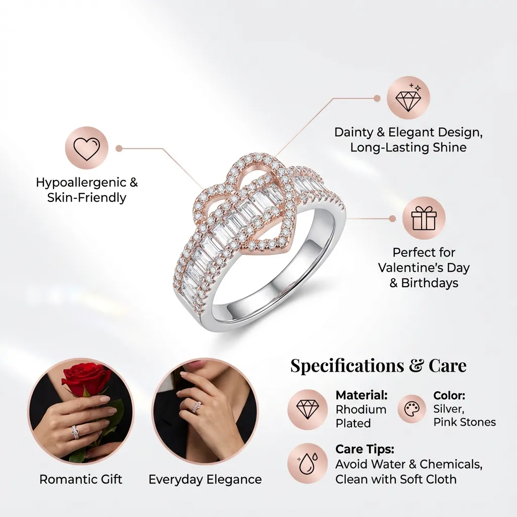 Diamond Heart Rings for Women Sparkle Rhinestone Heart Shaped Rings