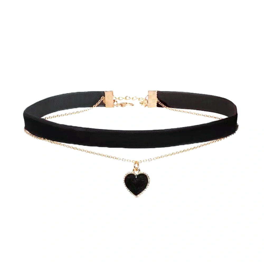 Women Double-Layer Choker Necklace with Heart Pendant Adjustable Chain