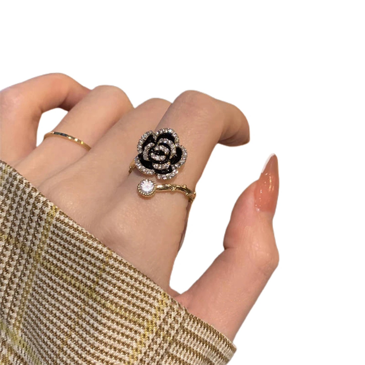 Camellia Floral Rings Shiny Rhinestone Adjustable Open Rings