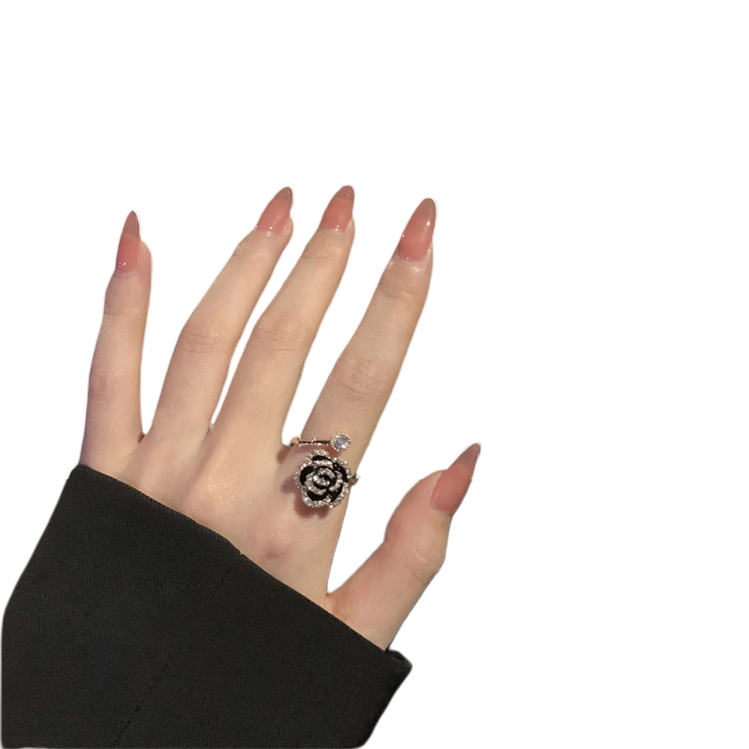 Camellia Floral Rings Shiny Rhinestone Adjustable Open Rings