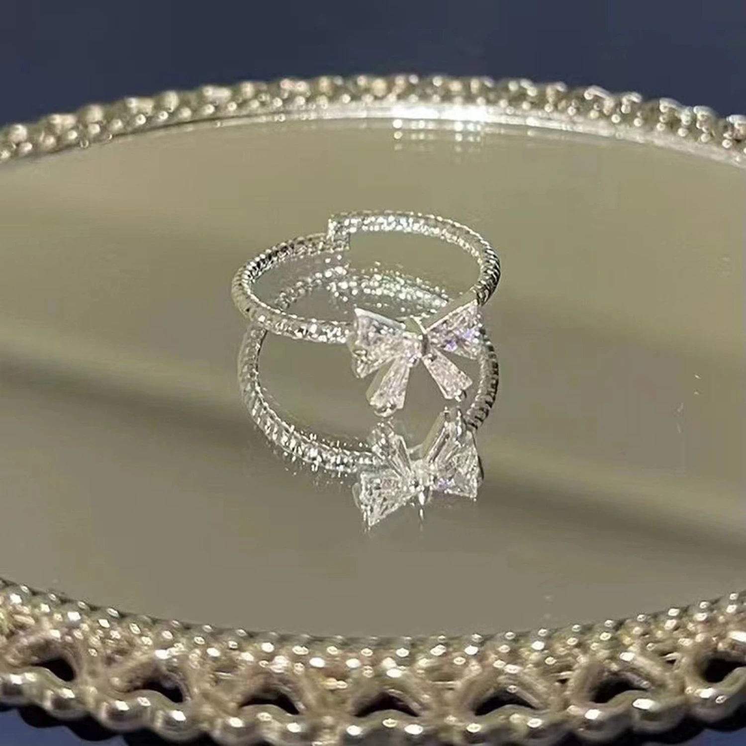 Bow Rings for Women and Girls Dainty Cubic Zirconia Bowknot Rings