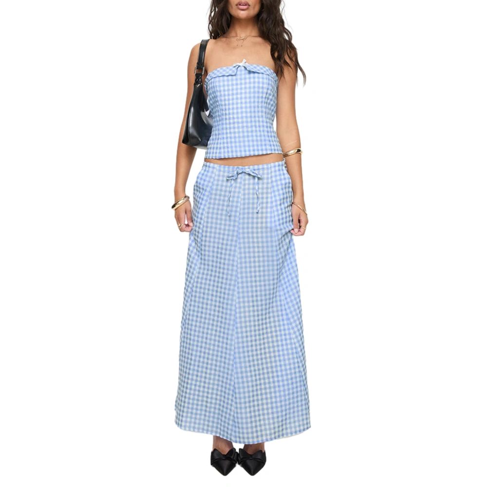 Women's 2 Piece Skirts Outfits Plaid Strapless Tube Tops Skirts