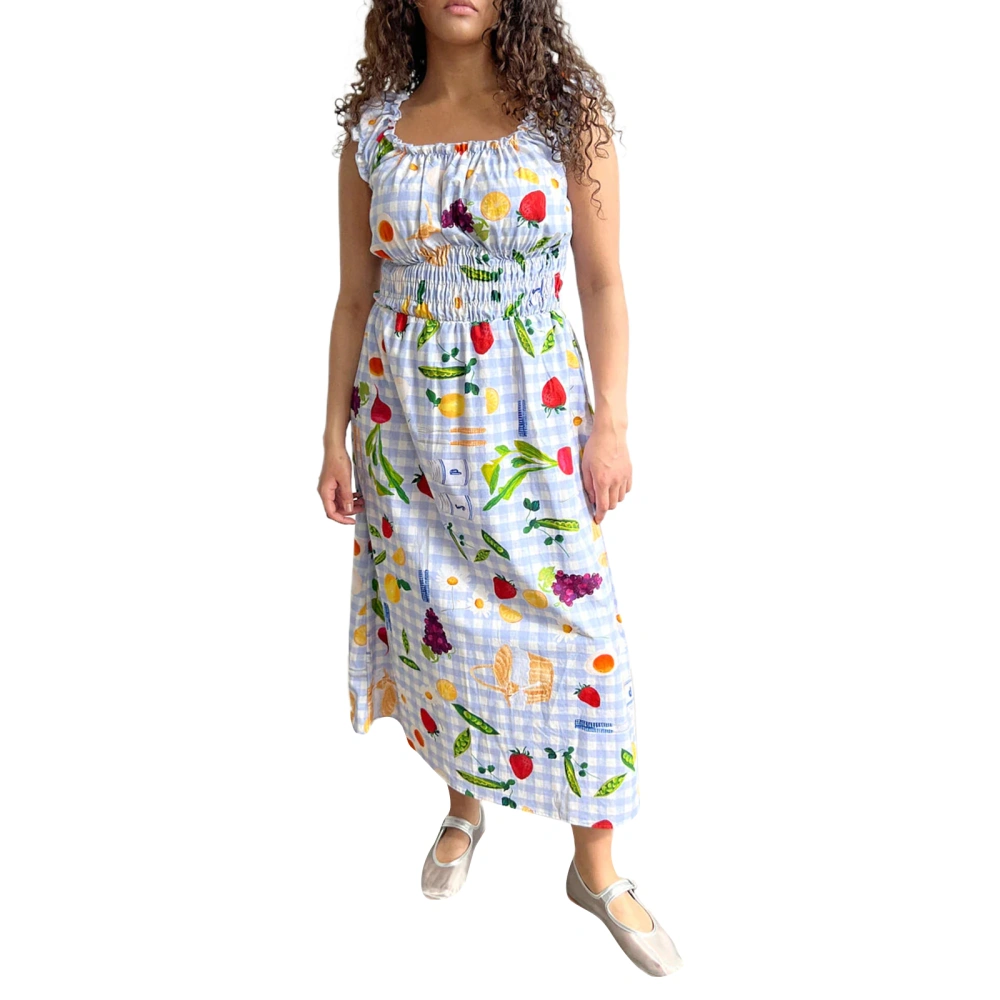 Women Long Dress Sleeveless Crew Neck Fruit Print Pleated Casual Dress