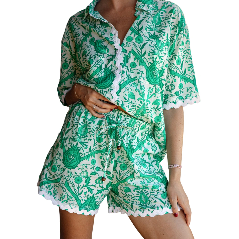 Women Lounge Set Short Sleeve Lapel Boho Pattern Print Shirt Shorts