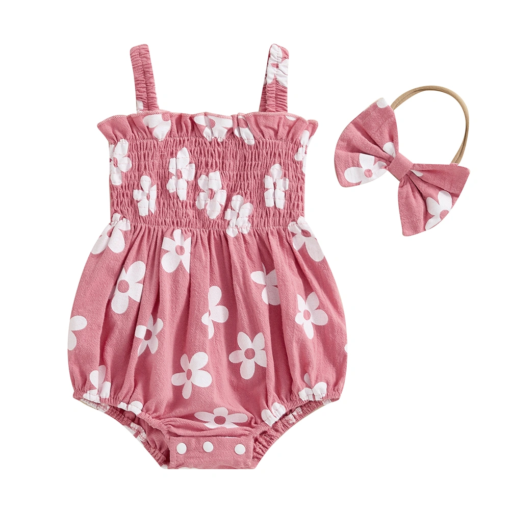 Newborn Girl Outfit, Flower Print Pleated Sleeveless Romper Hairband