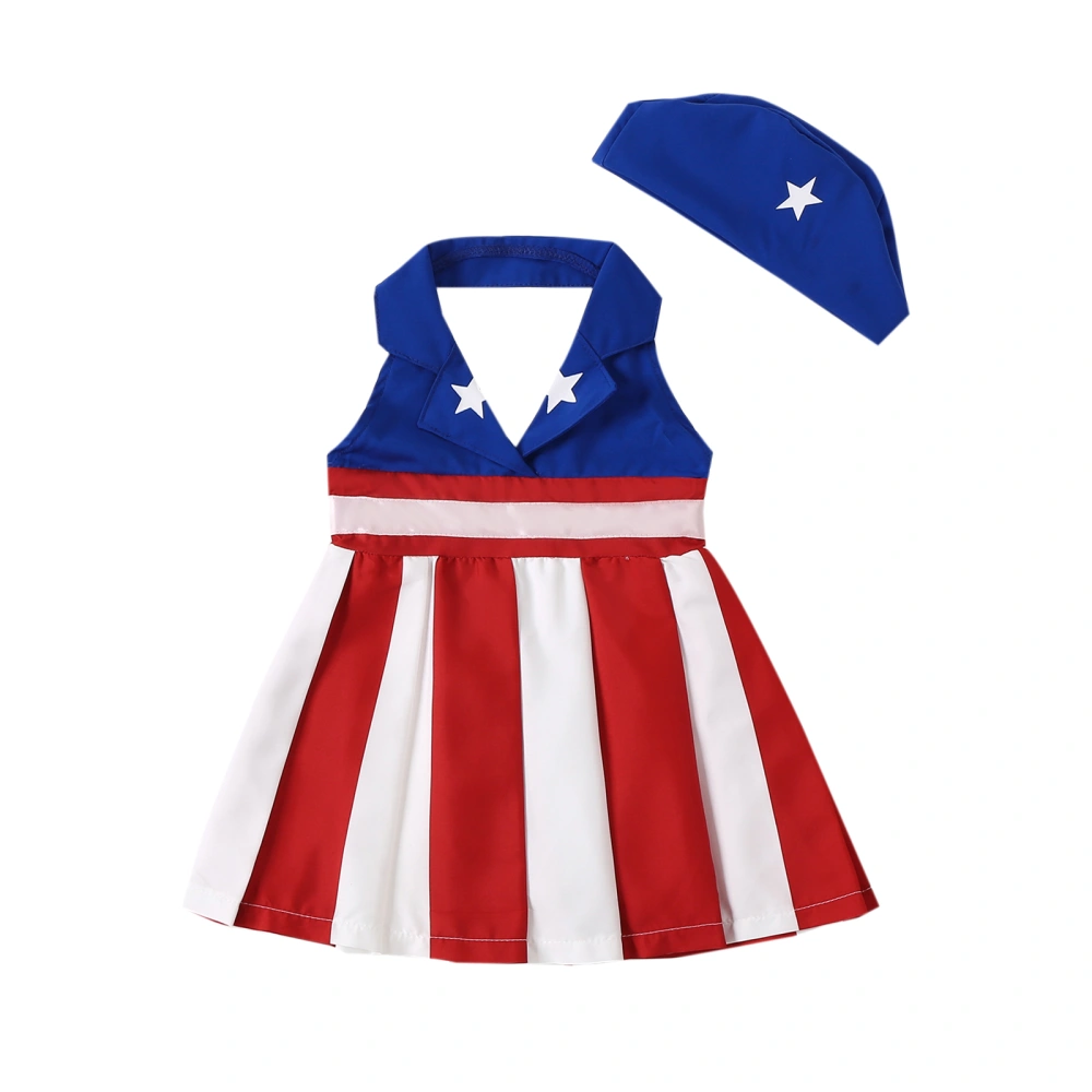 Little Girl 4th of July Outfit, Striped Sleeveless Halter Dress Hat