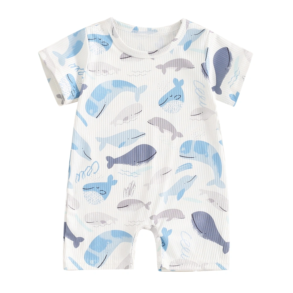 Boy Summer Romper Short Sleeve Crew Neck Ocean Animal Print Jumpsuit